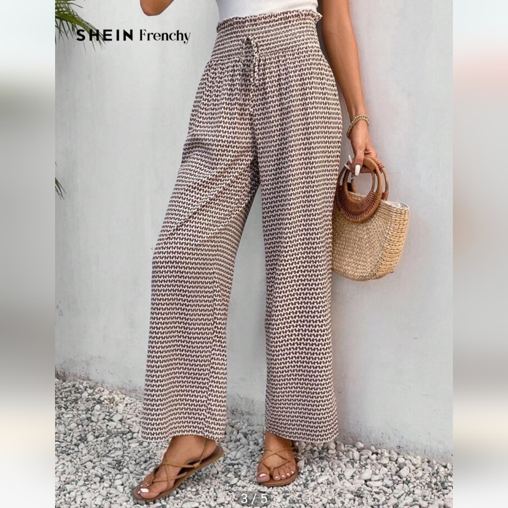 SHEIN Frenchy High Paperbag Waist Wide Leg Pant Smocked Khaki Pattern Large NWT